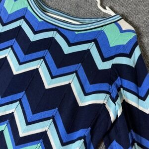 Susan Graver Chevron Knit Sweater Women Medium Blue Green White Long Sleeve